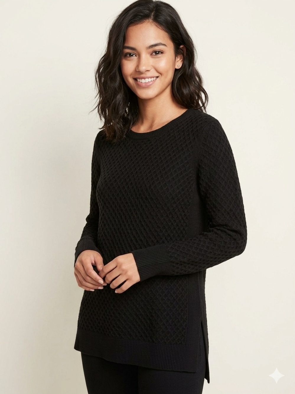 Athleta Womens Honeycomb Tunic Sweater Black Merino Wool Pullover